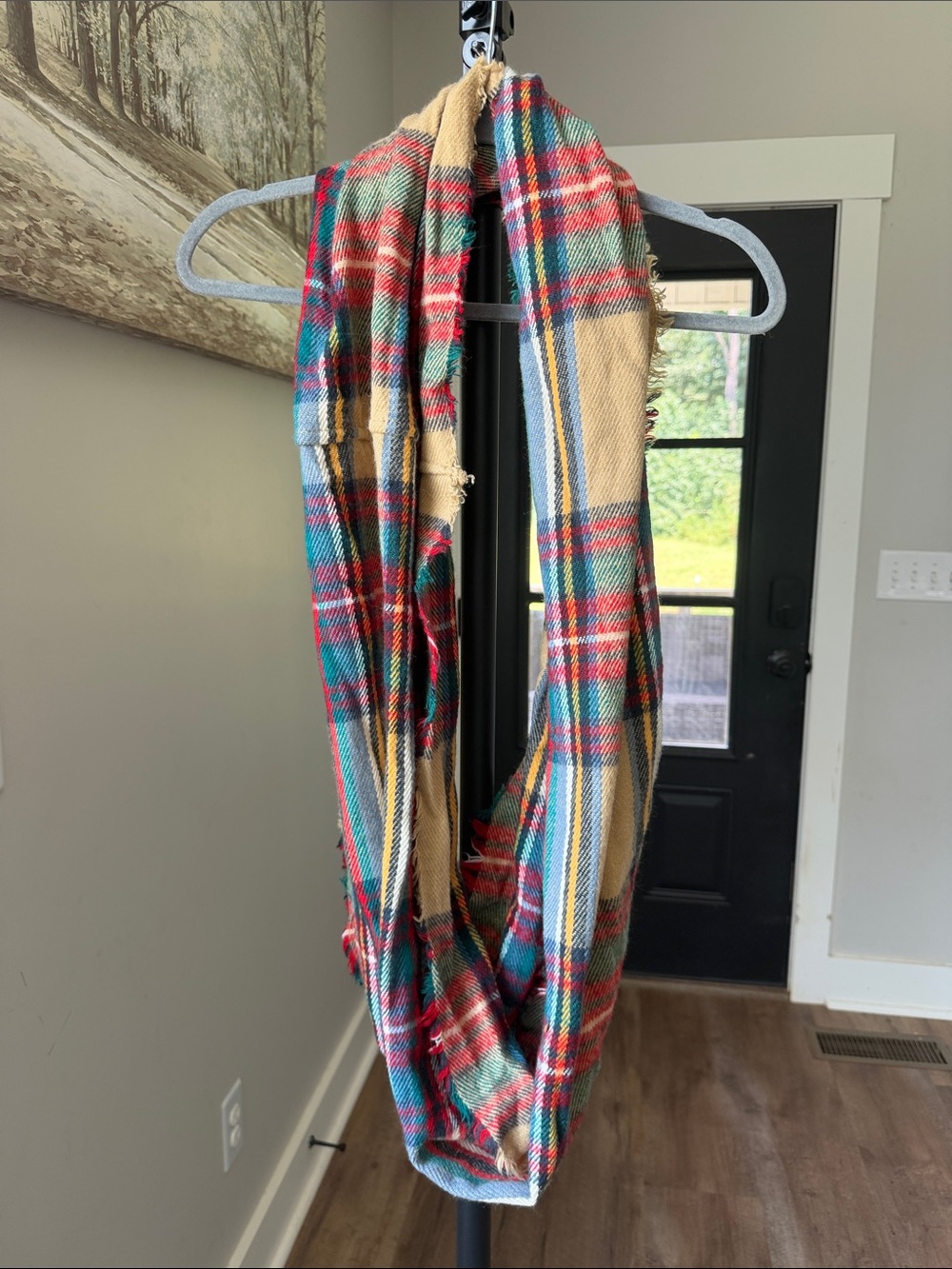 Cozy Plaid Infinity Scarf - Red, Green & Tan. Lot of 5 scarves.